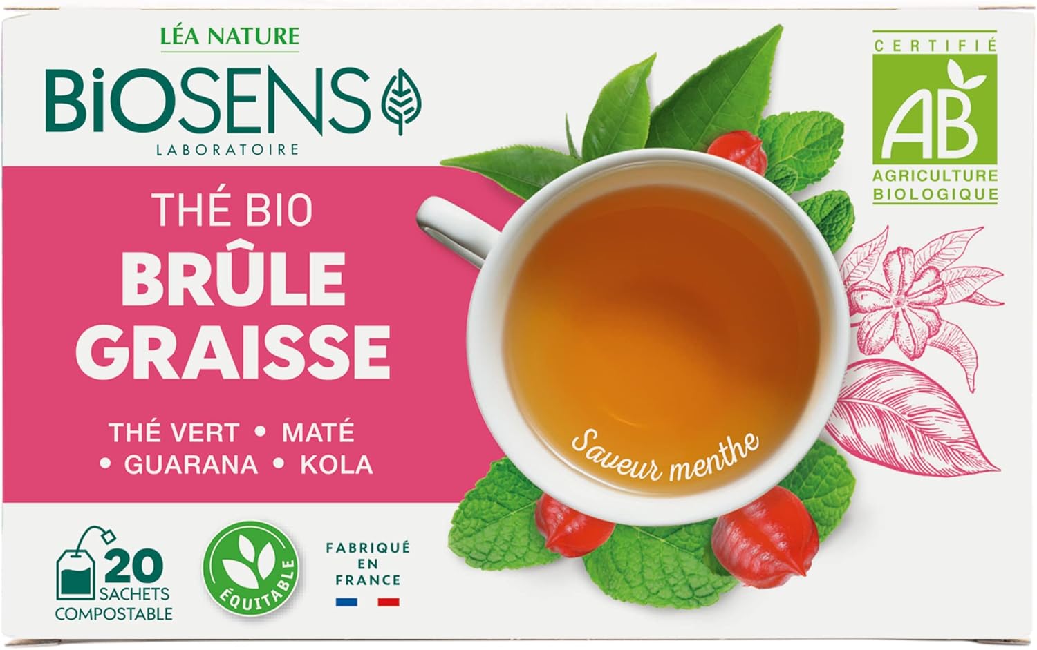 Biosens - Thé Brûle Graisses - Thé Vert, Maté, Guarana et Kola - Certifié Bio AB - Fabriqué en France - Commerce Équitable - 20 sachets