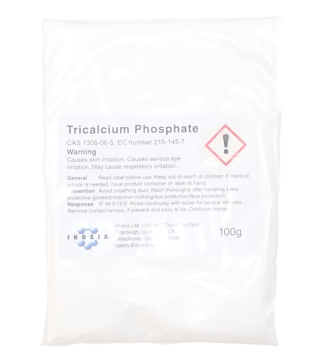Inoxia Phosphate de calcium, poudre blanche fine, agent anti-agglomérant, haute pureté, 100 g