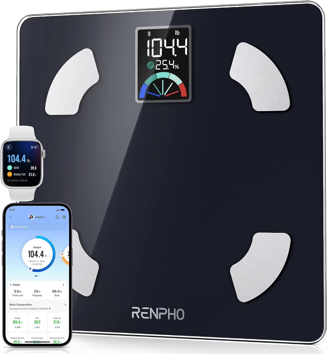 Balance Pese Personne, Balance Connectée Bluetooth Pèse Personne Impédancemètre, Grand Écran VA, 13 Analyses de la Composition Corporelle avec Application de Fitness, Elis 1 Noir-VA 285mm/11.2"