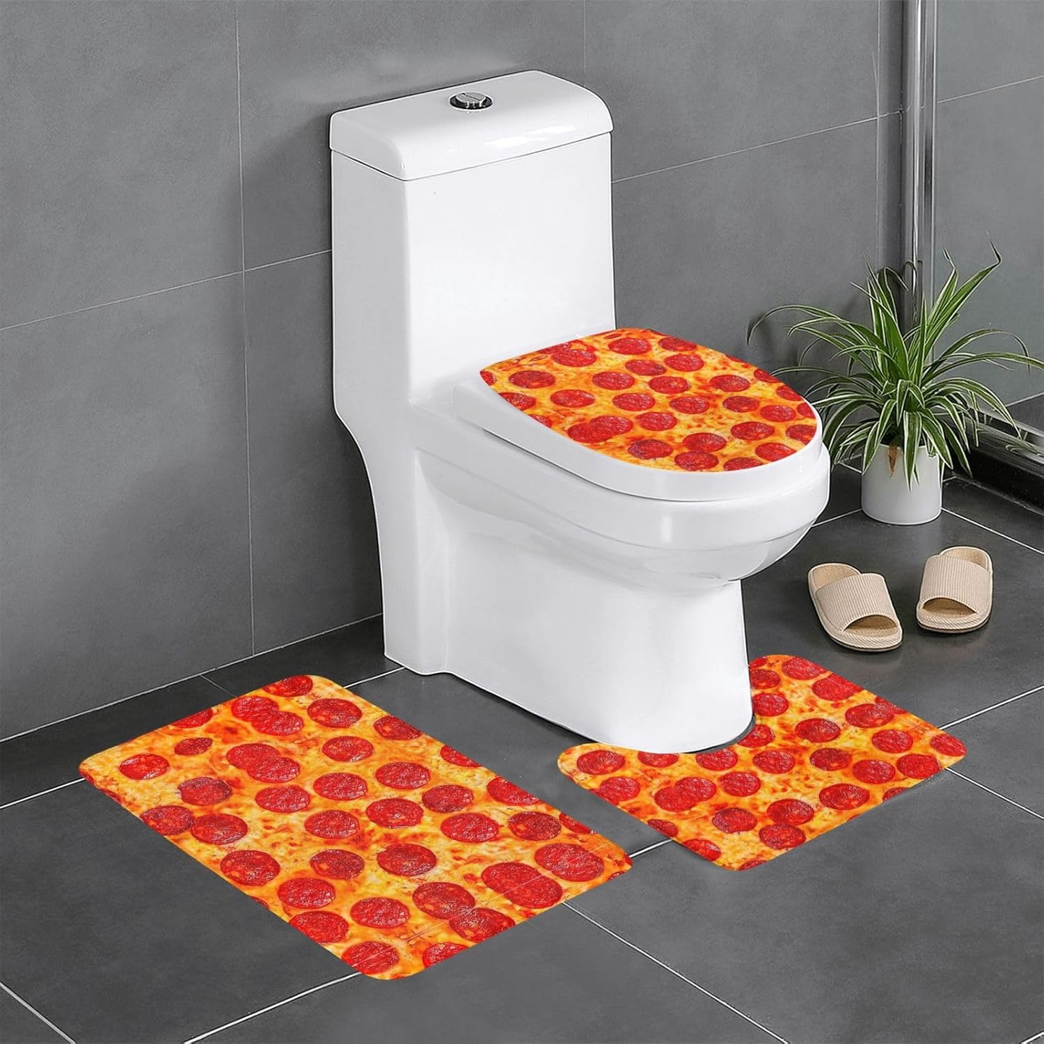DEXNEL Lot de 3 tapis de bain antidérapants en forme de U Motif pizza Pepperoni 3D Blanc Taille unique