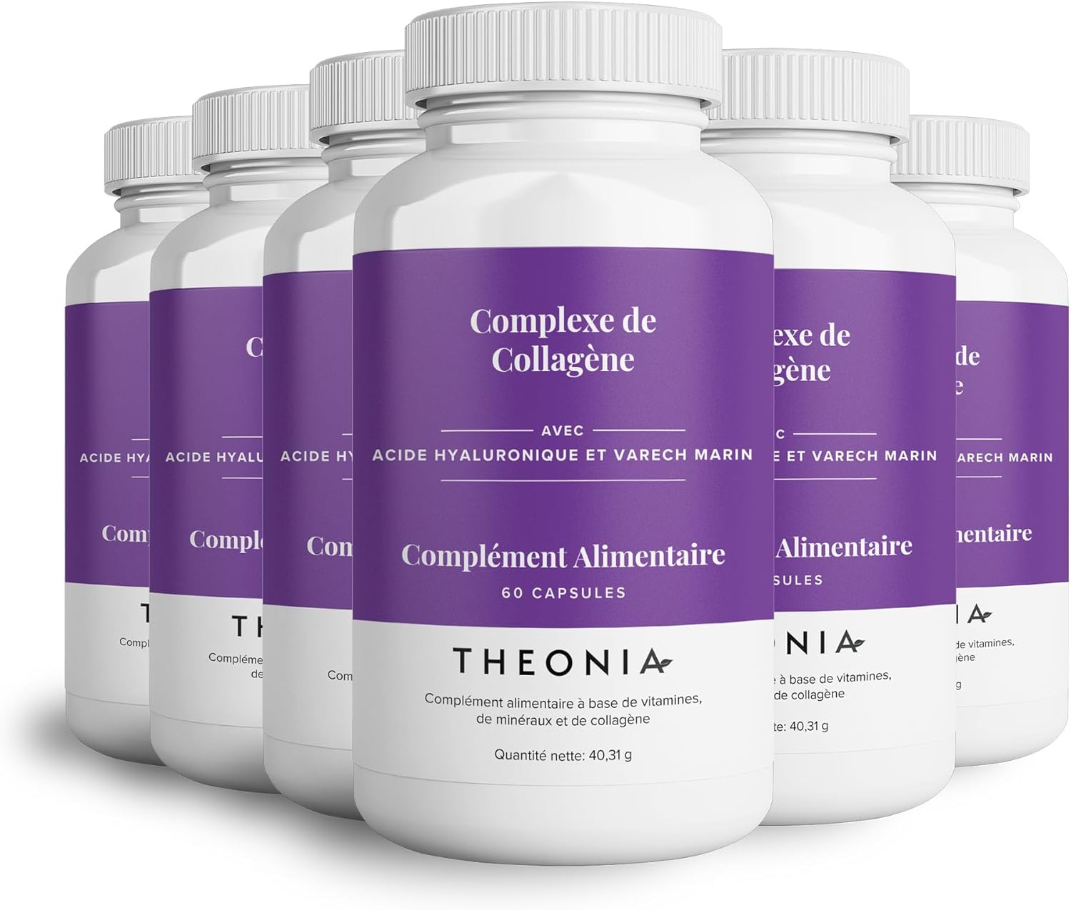 Complexe de collagène Theonia 360 capsules, acide hyaluronique et varech marin, vitamine E, C, biotine, ongles sains, peau, métabolisme des articulations des cheveux, supplément marin de type 1 360 Pièces (Pacquet de 6)