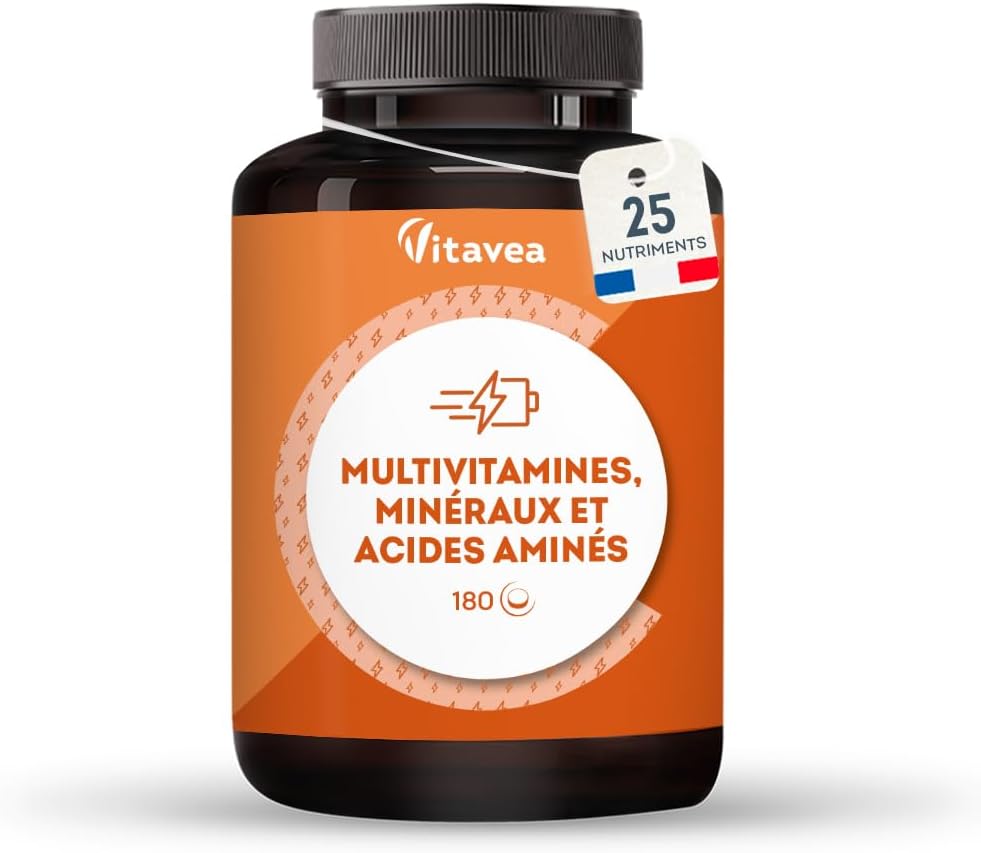 Multivitamines et Minéraux - 25 nutriments dont Vitamine A B C D E, Zinc et Fer - 180 comprimés - Immunité, Fatigue, Cheveux, Peau - Multivitamines Homme et Femme - Fabriqué en France - Vitavea