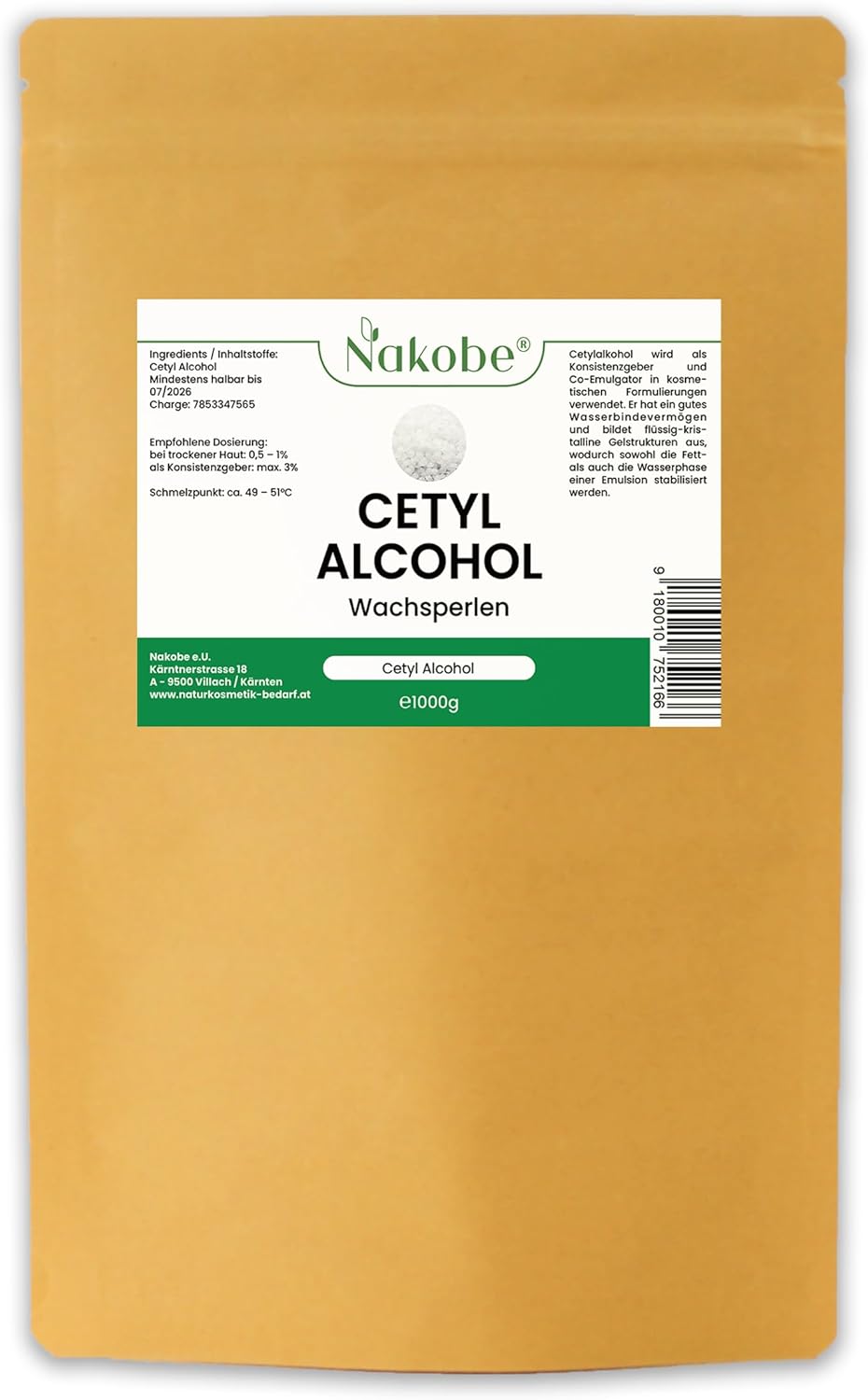 Nakobe Alcool cétylique 1000 g, alcool gras, perles de cire, émulsifiant, agent de consistance