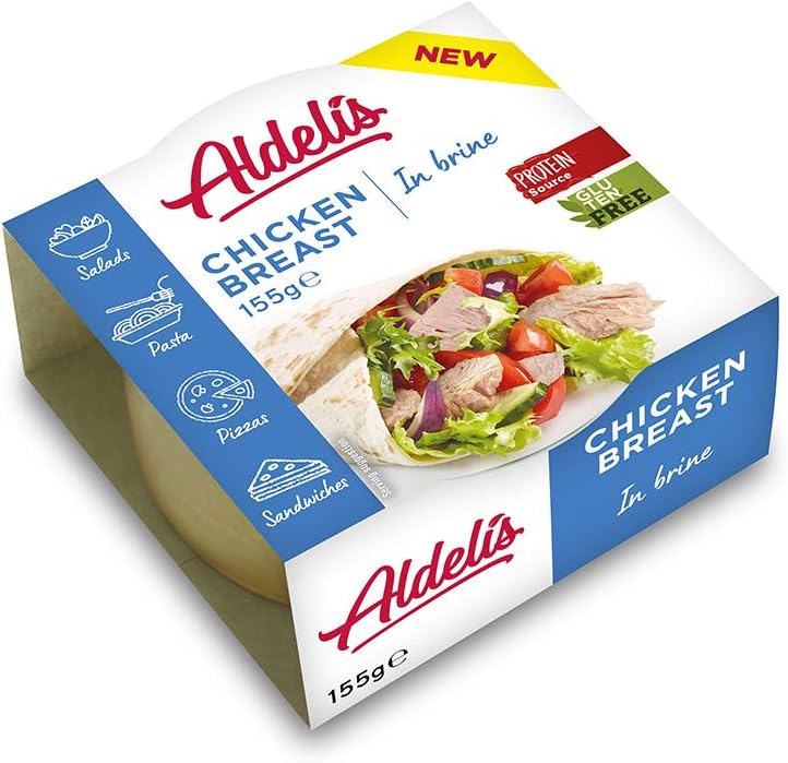 Aldelis Conserve blanc de Poulet au naturel Prêt à manger idéal salade et de sandwich - 26% de protéines, 99% sans gras et à faible teneur en sucre - Paquet de 12 x 155 gr Blanc de poulet avec Bouillon 155 g (Lot de 12)