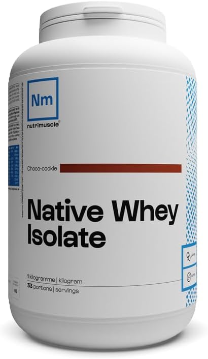 Isolat De Whey Native - 1kg Choco Cookie - Lait Français - Jusqu'à 85% de protéines par dose - Whey Protein - Musculation - Prise de Masse Musculaire - Nutrimuscle Choco Cookie 1 Kg (Lot de 1)