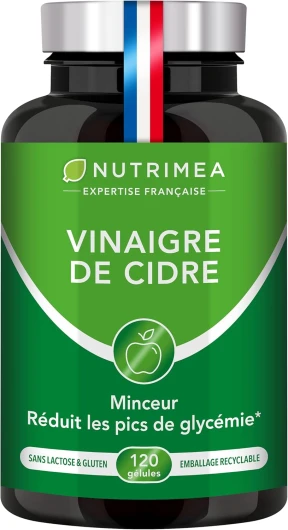 Vinaigre de Cidre - 1500 mg - Avec Chrome - Aide à la Perte de Poids, Contrôle du Taux de Sucre Sanguin - Alternative au Morosil - Goût Neutre - 120 Gélules Vegan - Nutrimea - Fabriqué en France