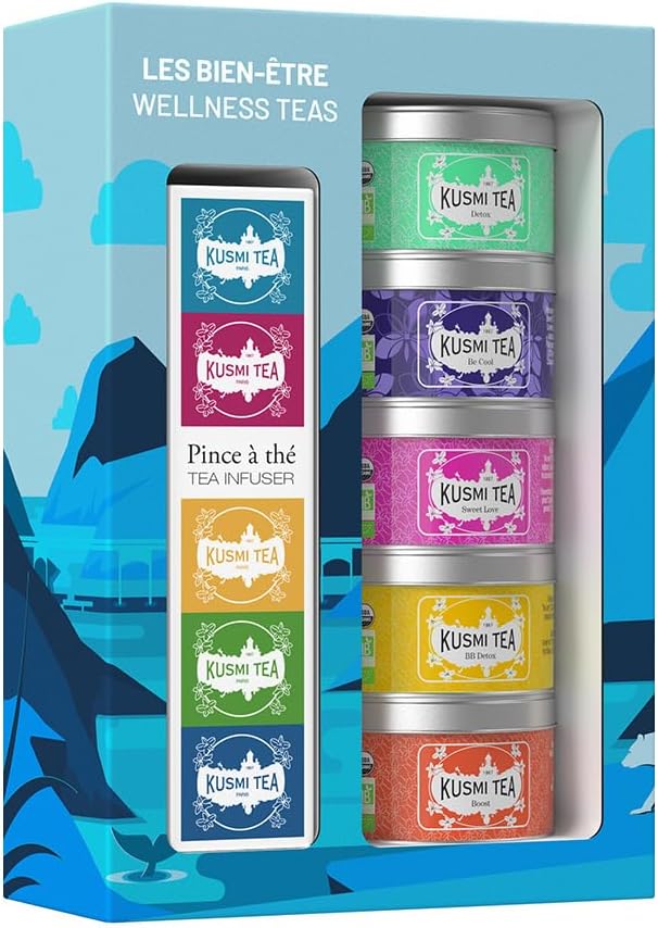 Coffret Les Bien-Être Bio + Pince à Thé - Idée Cadeau Homme et Femme - Assortiment Thés Aromatisés et Infusion Bio - Thé Detox, BB Detox, Boost, Sweet Love et Infusion Be Cool - 5x25gr