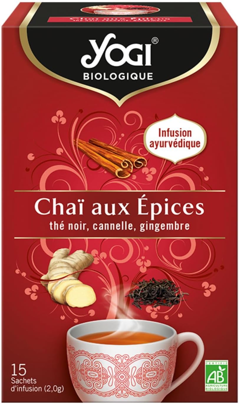 Biologique Chaï aux Épices, Infusion 100 pourcent Bio au Thé Noir, Cannelle et Gingembre, 15 sachets thermosoudés et sans agrafe, 24 g, 310016