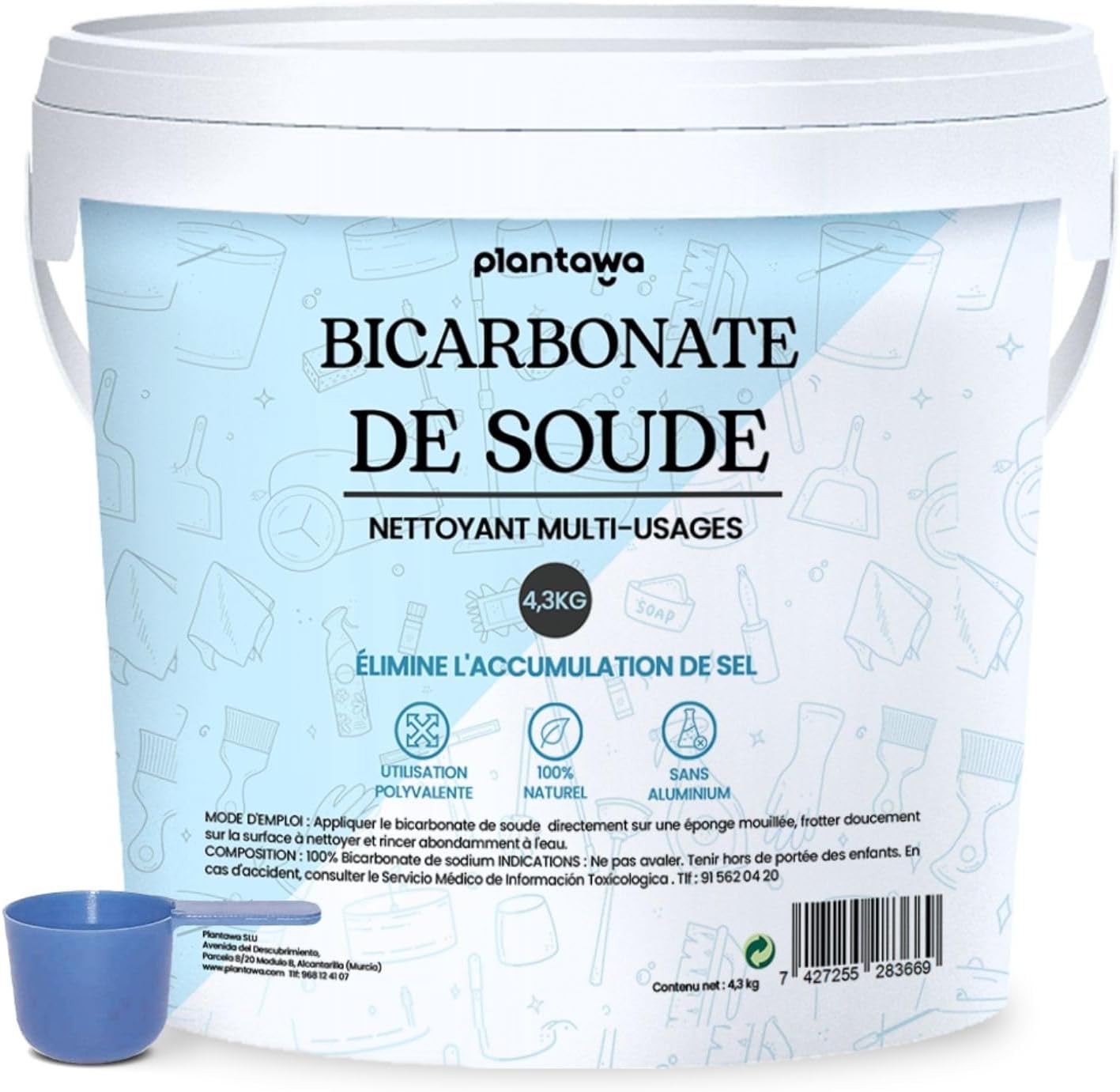 Bicarbonate de Soude Ménager 4,3kg - Bicarbonate de Soude Multi-Usages - Détachant, Blanchissant et Élimine Odeurs et Graisse - Origine Naturelle et Pure