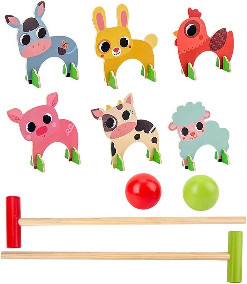 Lipeed Ensemble de Croquet pour Animaux, Jeu de Croquet en Bois, Jouets de de Dessin animé, Balle de Sport en Plein air, Jeux familiaux, Jouets éducatifs pour Enfants pour
