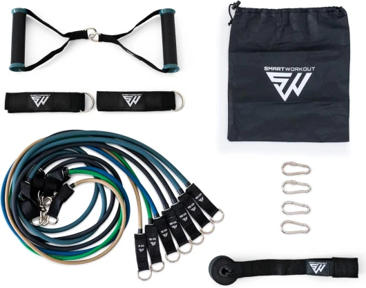 ® - Kit Elastiques de Musculation Professionnel - Pack Fitness Complet 19 pcs, 7 Bandes de résistance totalisant 120kg, Barre pour élastiques, Poignées, Ancrage de Porte & Programme