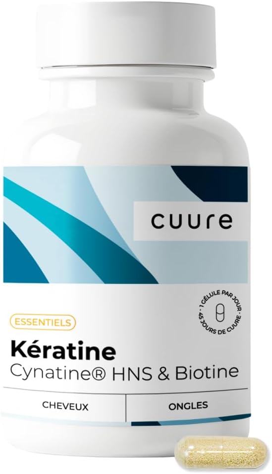 Kératine et Biotine - CUURE - Ingrédient Breveté Cynatine - 45 Jours - Pousse & Brillance des Cheveux - Vitamine B8 - Complément Alimentaire Cheveux, Ongles & Peau - Fabriqué en France
