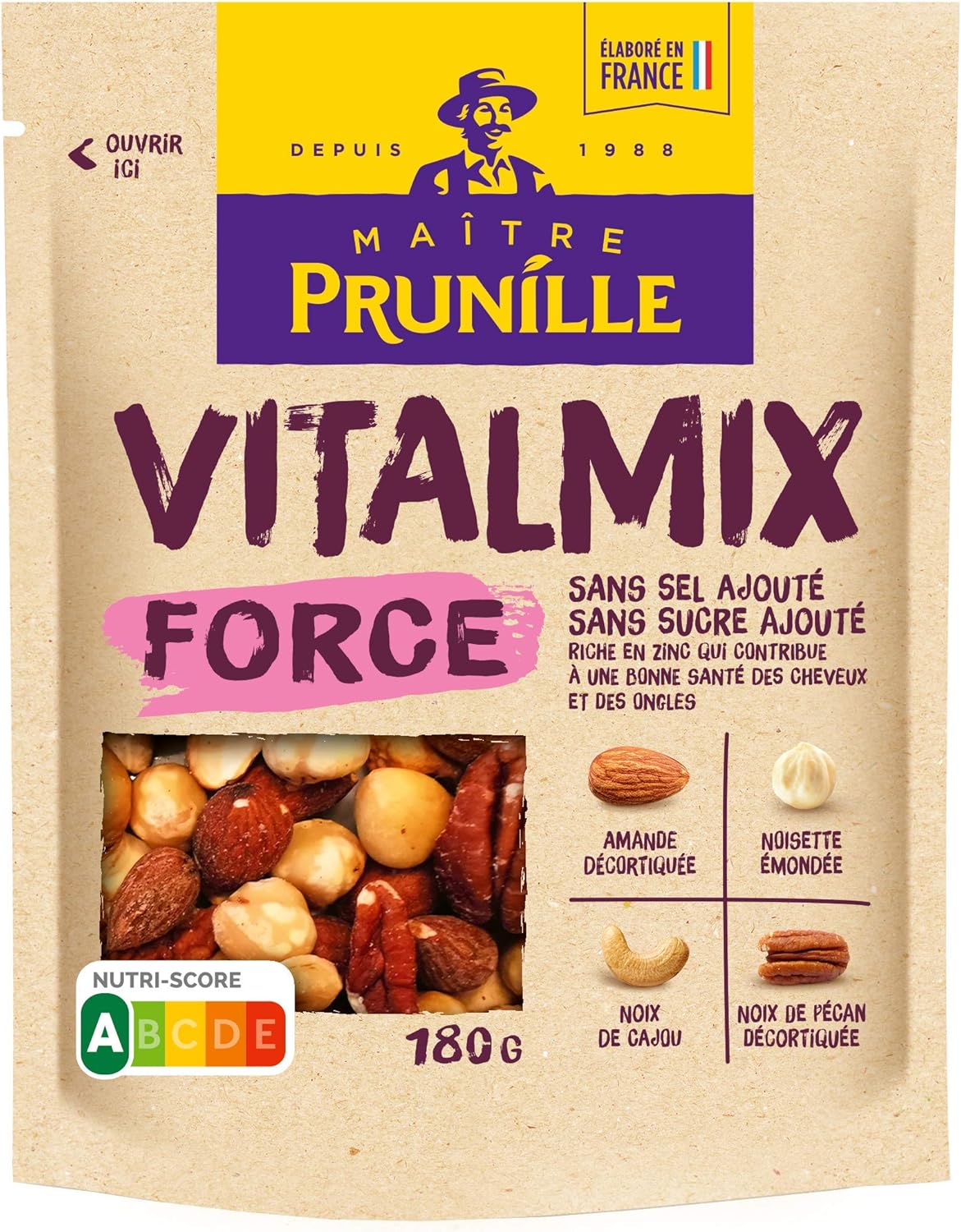 MAÎTRE PRUNILLE - Mélange De Fruits Secs - Vitalmix Force - Riche En Zinc - Sans Sucre Ou Sel Ajouté - Nutri Score A - Sachet 180 g