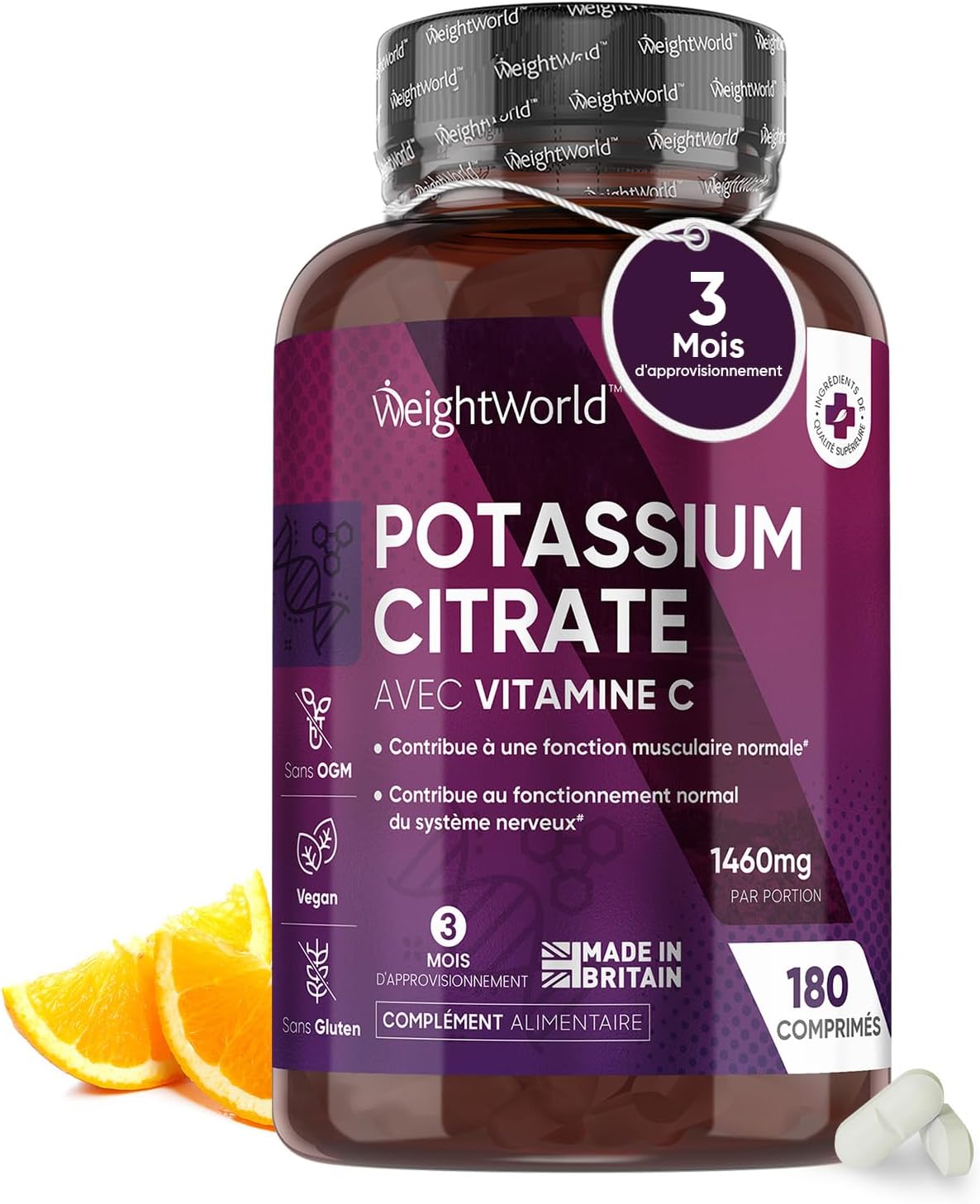 Citrate de Potassium 1460mg Avec Vitamine C Par Portion - 180 Comprimés Vegan 3 Mois - Système Nerveux, Muscles, Métabolisme, Formation Collagène - Potassium Citrate Kalium Acide L-Ascorbique