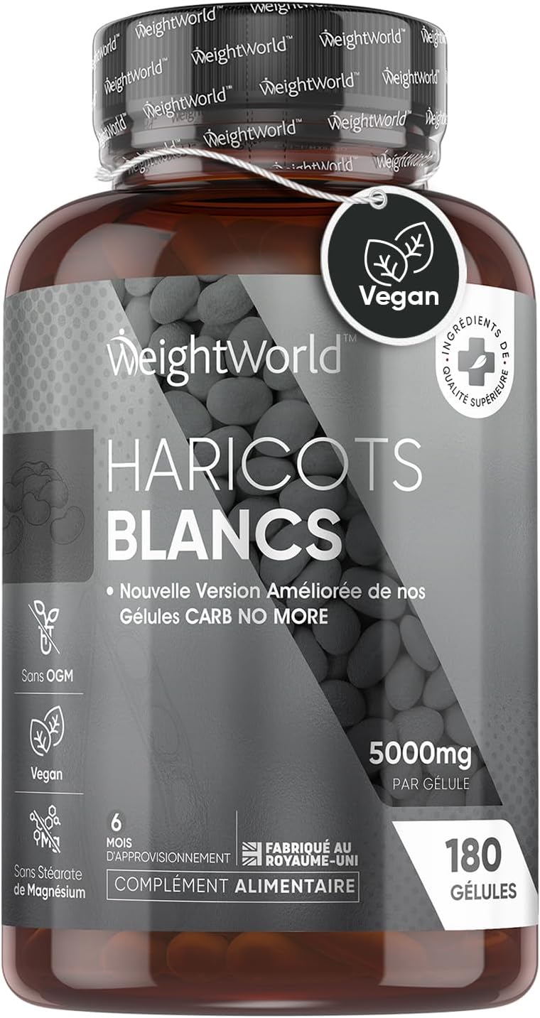 Haricots Blancs 5000 mg, 180 Gélules Vegan (6 Mois) Avec Zinc et Chrome Complément Alimentaire Pour Métabolisme des Glucides, Acides Gras et Glycémie - Extrait d'Haricots Blancs (50:1) - WeightWorld