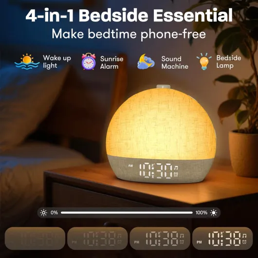 Réveil Lumineux Simulateur d'Aube, Reveil Matin avec 7 Sonneries, Lampe de Chevet 20 Niveaux de Luminosité, 30 Sons Naturels, Snooze, Minuteur, 12 Couleurs Réveil Lumière Veilleuse pour Enfant/Adulte Jaune