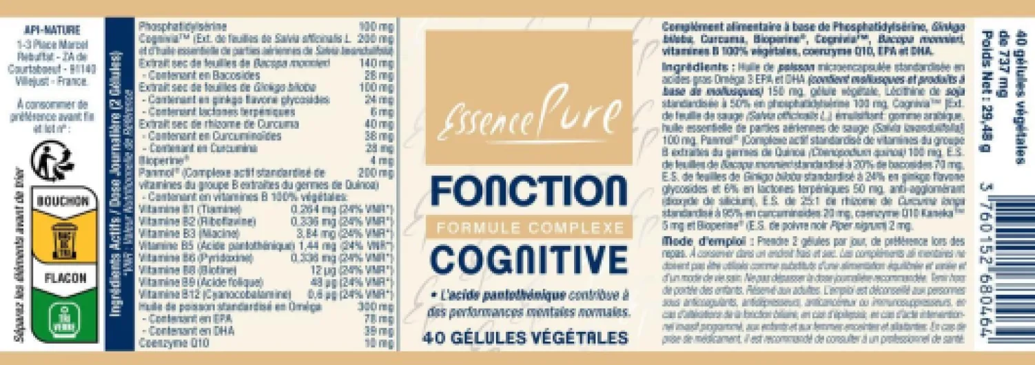 Cognivia® Sauge + Bacopa monnieri + Ginkgo biloba 24% - Phosphatidylsérine, Panmol® Vitamines B, Q10 Kaneka™, Oméga 3 - Fonction Cognitive - 40 gélules - Essence Pure