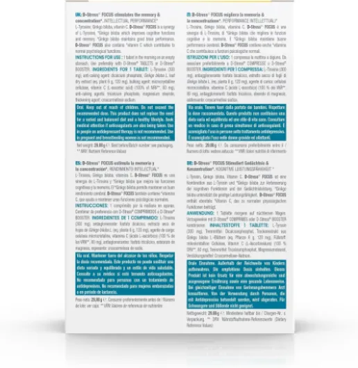 D-STRESS FOCUS Lot de 2X30 Comprimés - L-Tyrosine, Ginkgo biloba et Vitamine C - Stimule la mémoire et la concentration - Vegan, Sans Gluten, Sans Soja, Sans OGM - Origine France