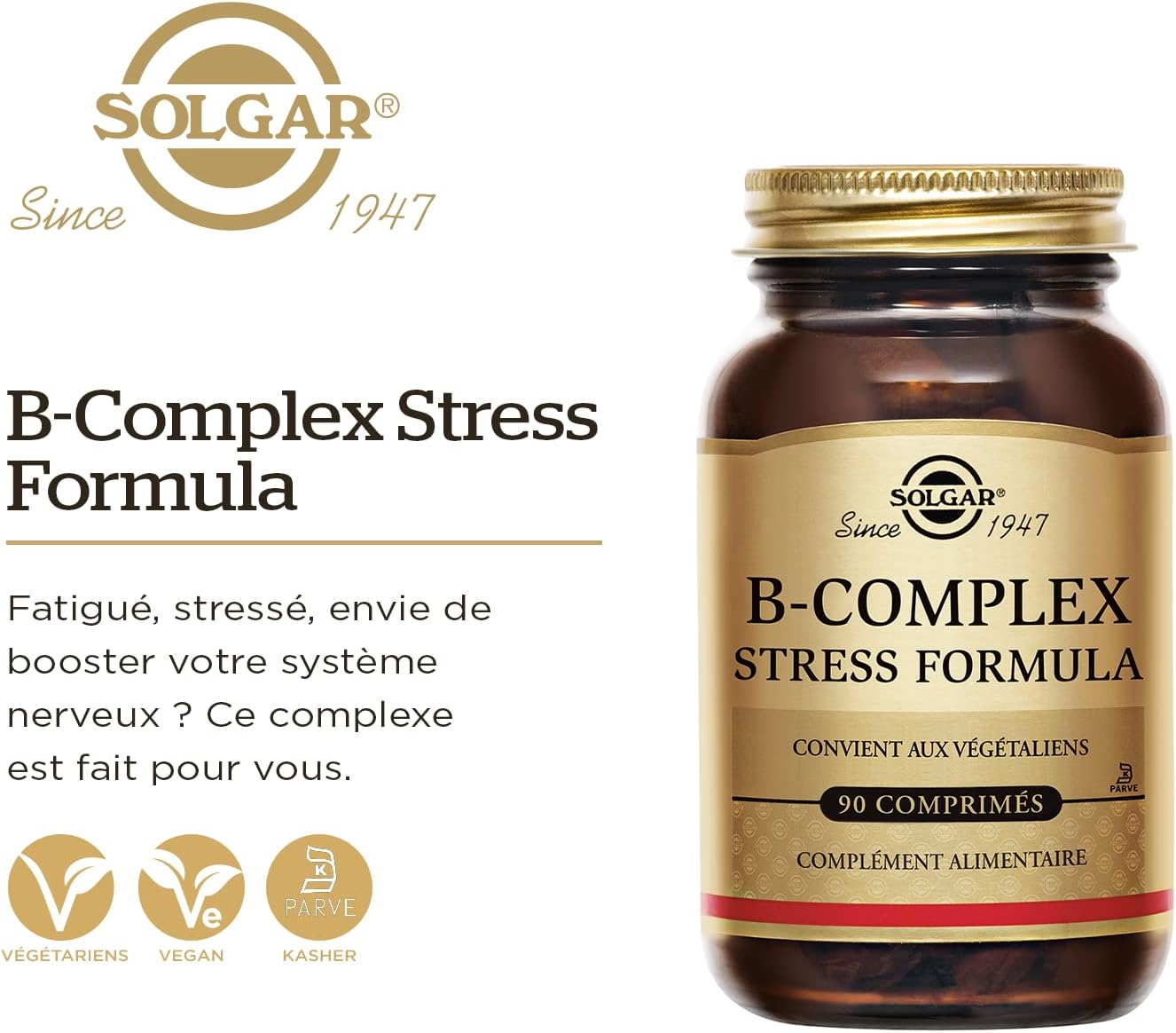 B-Complex Stress Formula - Fatigue, Système nerveux - Complexe de vitamines B (B1, B2, B3, B5, B6, B8 et B12), levure de bière et vitamine C - Complément Alimentaire - Flacon de 90 comprimés