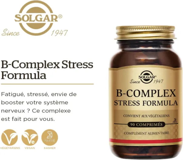 B-Complex Stress Formula - Fatigue, Système nerveux - Complexe de vitamines B (B1, B2, B3, B5, B6, B8 et B12), levure de bière et vitamine C - Complément Alimentaire - Flacon de 90 comprimés