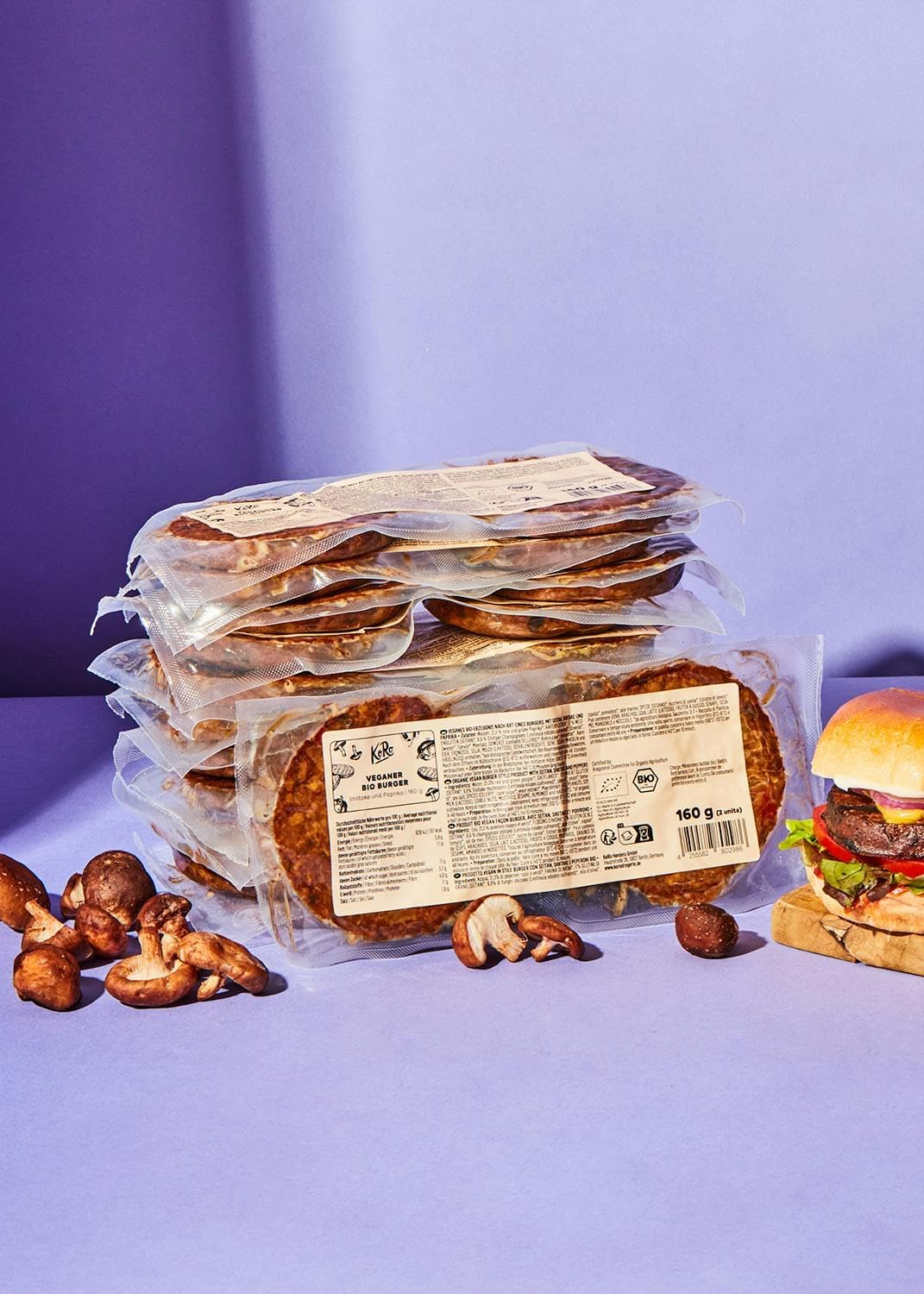 Burger bio vegan shiitake et poivron 12 x 160 g – Alternative végétale riche en protéines – Saveur umami intense – Idéal à la poêle, au four ou au barbecue