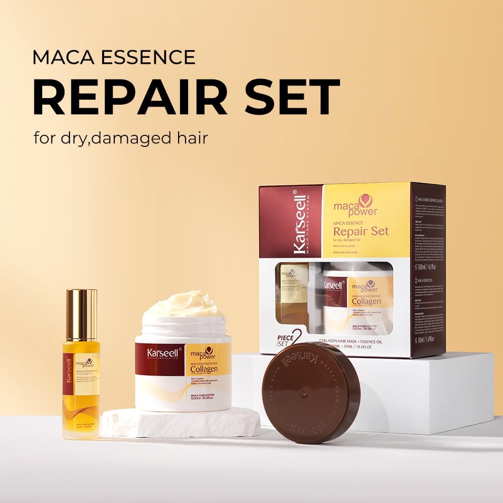 Collagen Masque Cheveux et Huile Cheveux, Maca Essence Set de Réparation pour Cheveux Secs et AbiméS Tous Types de Cheveux, 500ml +50ml