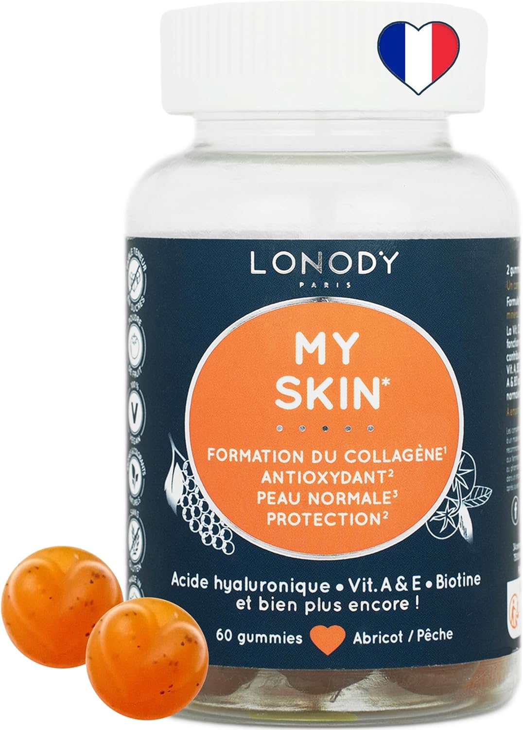 Complement Alimentaire Peau, Formation Collagene, Acide Hyaluronique, Anti Age, Antioxydant - Formule Complète Fruitée Sans Sucres Made in France - Gummies Vitamines Lycopene Plantes - 1 mois