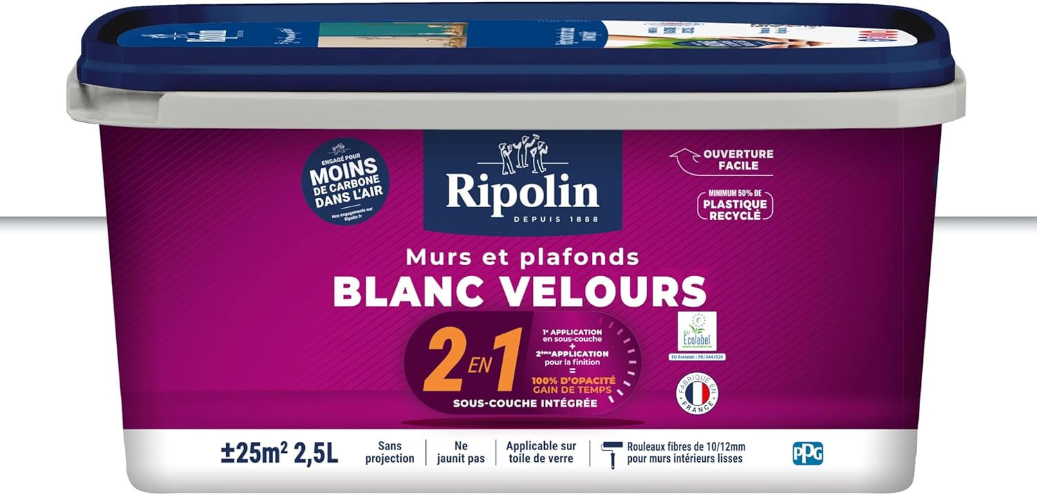 Peinture mur et plafond intérieur, 2en1 Blanc Velours 2,5L, Sans Sous-couche, Application Facile, Haut Pouvoir Couvrant, Séchage Rapide, Finition Veloutée, Idéale Pièces Sèches Et Humides