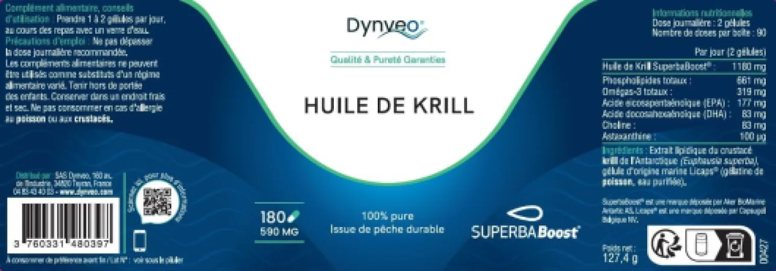 Huile de Krill Pure Superba Boost™ 590mg - Oméga-3 Phospholipidiques & Astaxanthine - Haute Biodisponibilité - 180 Gélules Licaps® - Issue de pêche écoresponsable et durable - Dynveo