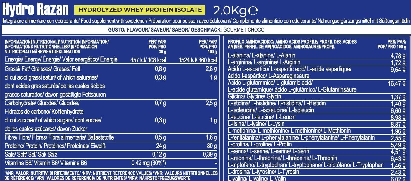 Yamamotò Hydro Razan 2 kg - whey, protéines isolées et hydrolysées - Sans gluten, Sans Lactose- Certification Grass Fed (2 kg, biscuit et gianduia) Biscuit et gianduia 2 kg