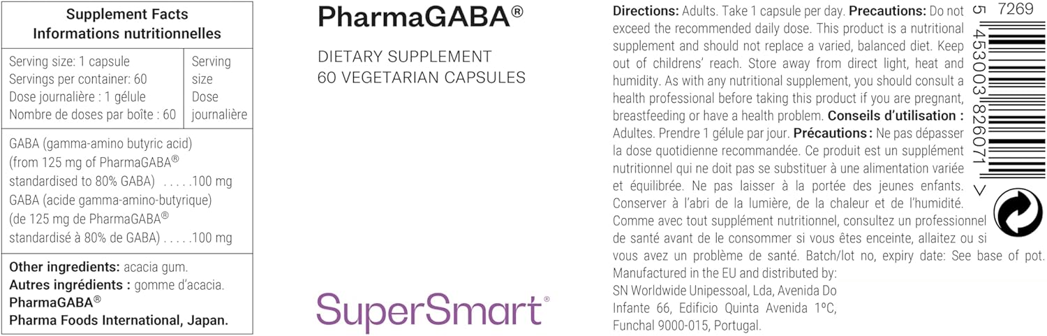 PharmaGABA - Anti-Stress - Contribue à Diminuer le Stress et l’Anxiété - Neurotransmetteur Inhibiteur du Système Nerveux Central (CNS) - Acide Gamma-aminobutyrique - Vegan - Supersmart