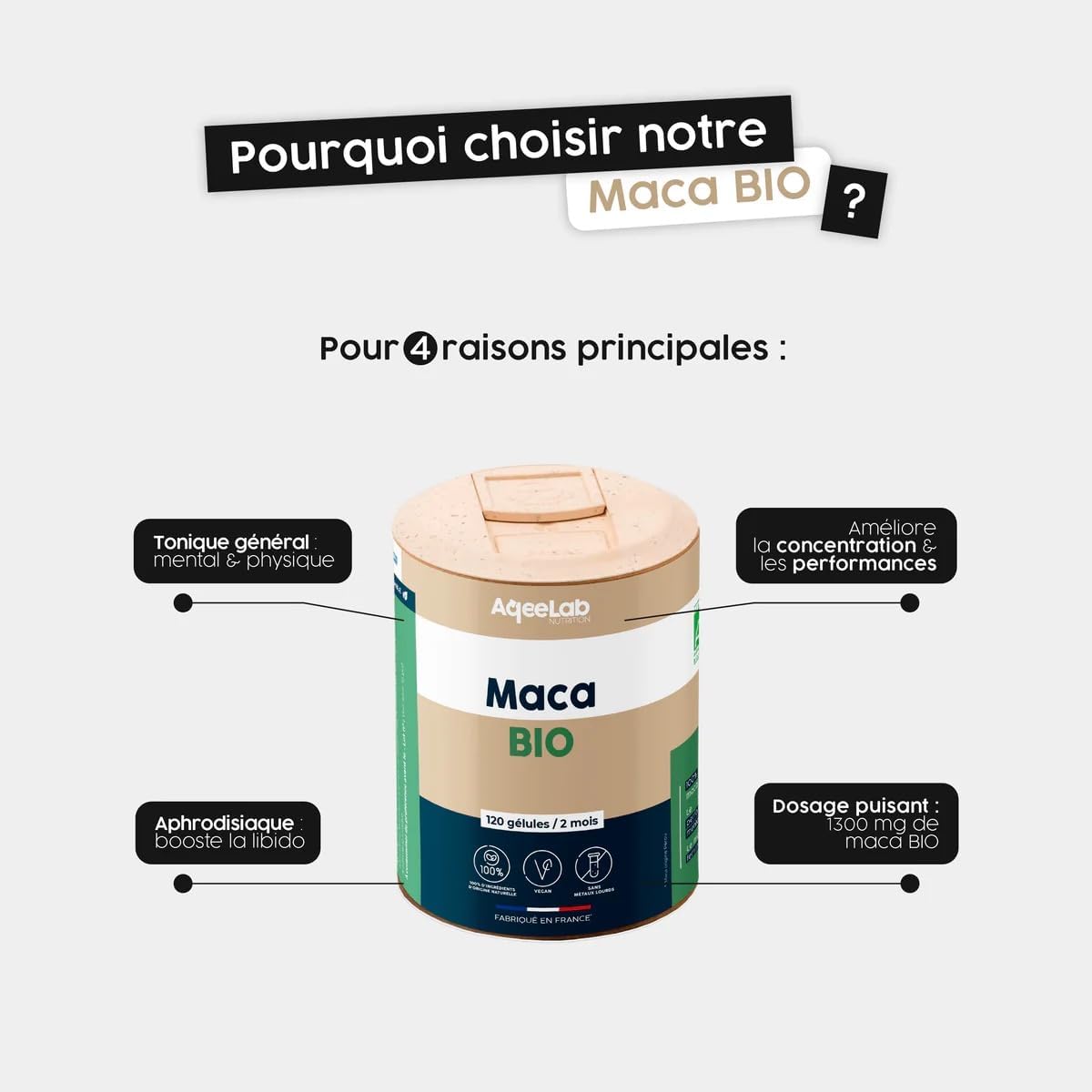 Maca Bio du Pérou 120 Gélules - 100% Maca Bio, 1300 mg par portion, certifié biologique, sans OGM • Made in France • Eco-responsable • AqeeLab Nutrition