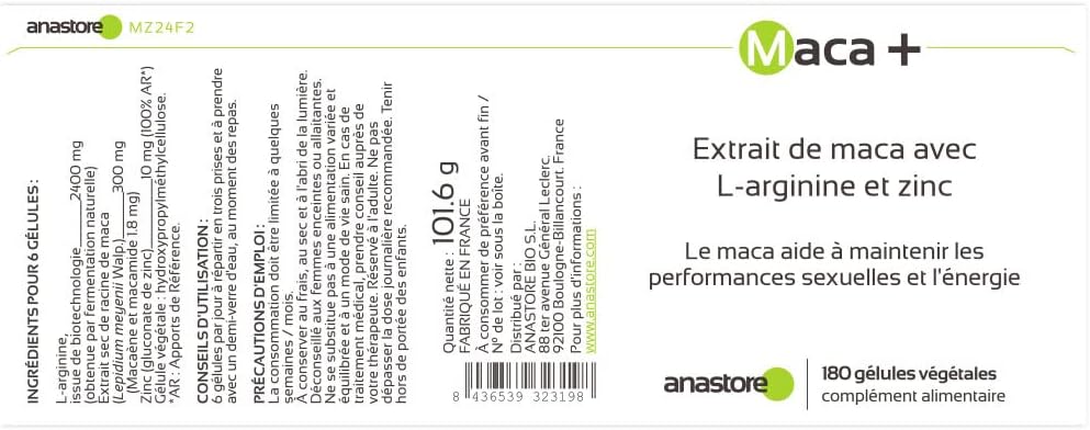 MACA + ARGININE ET ZINC * 461 mg / 180 gélules * Garantie Satisfait ou Remboursé * Fabriqué en France 180 unité (Lot de 1)