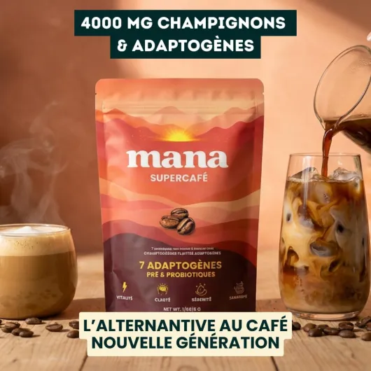 Café Adaptogène aux Champignons - Énergie sans Crash - Lion's Mane, Reishi, Ashwagandha, Cordyceps, Chaga, Rhodiola, Maca - Probiotiques - Poudre 216g 30 Doses - Mana Supercafé