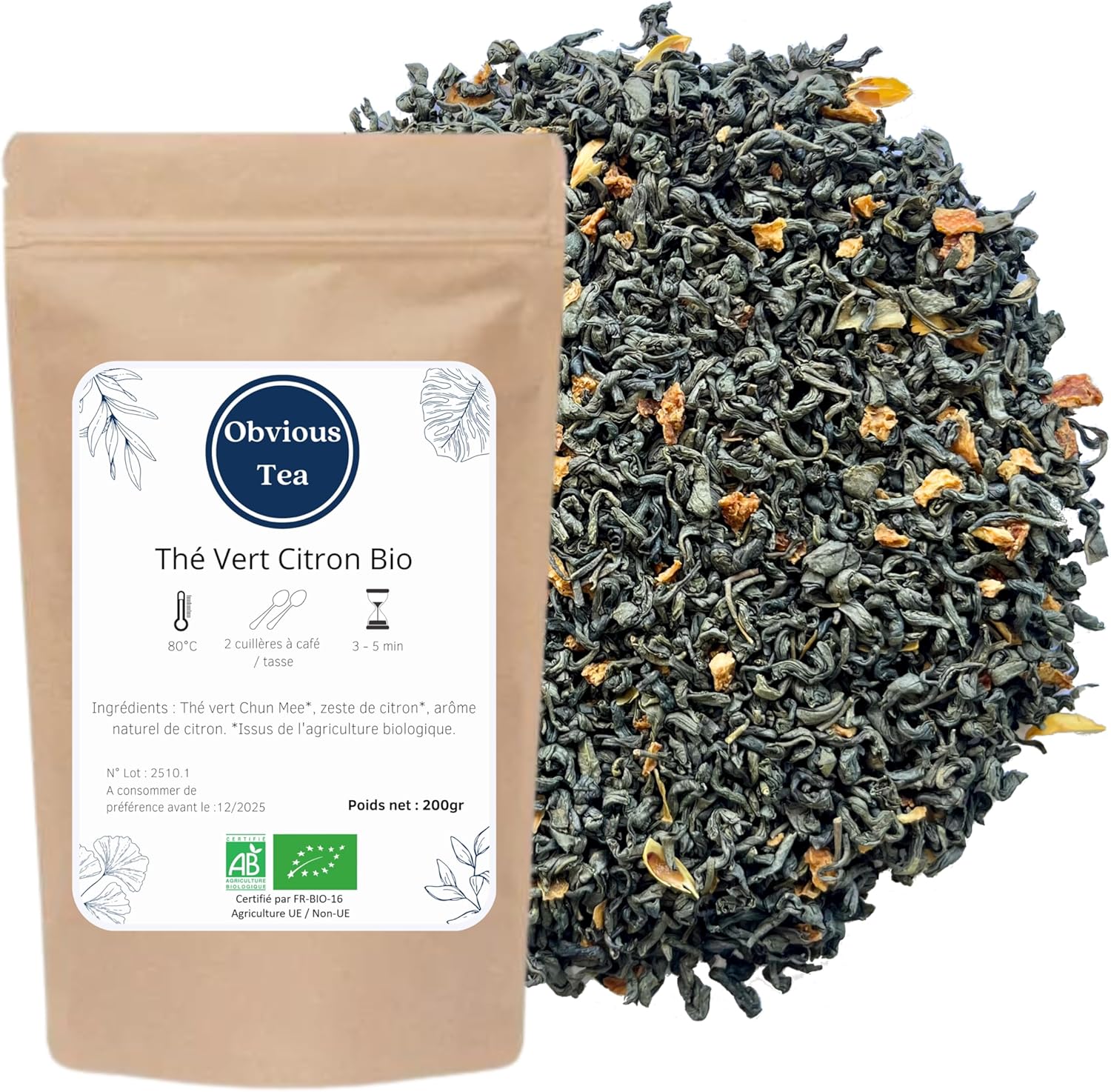 Thé Vert Citron Bio - Thé Chun Mee Vegan en Vrac, 100% Naturel, Sans OGM - Agriculture Biologique - Fabrication Française - Sachet 200 gr (100 Tasses)
