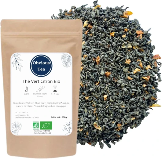 Thé Vert Citron Bio - Thé Chun Mee Vegan en Vrac, 100% Naturel, Sans OGM - Agriculture Biologique - Fabrication Française - Sachet 200 gr (100 Tasses)