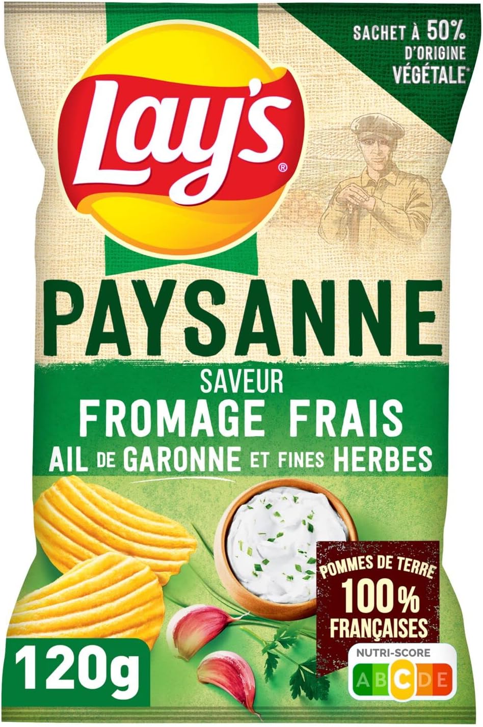 Lay's Chips Recette Paysanne Saveur Fromage Frais, Ail de Garonne, et Fines Herbes Fromage frais, ail, herbes 120 g (Lot de 1)