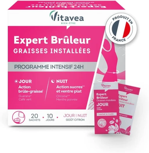 VITAVEA BIEN-ETRE - Préparation minceur Expert Brûleur graisses installées et Ventre plat - Programme Intensif 24h Jour / Nuit - Guarana Menthe poivrée Chrome - 20 sachets - Fabriqué en France