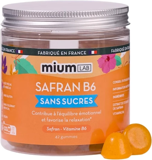 Mium Lab - Gummies Safran et Vit B6 - Enfants (TDAH) et Adultes - 3 à 6 semaines - Anti-stress, améliore l'humeur et le bien-être mental - Hautement dosé (40mg) - Sans sucres - Fabriqué en France 42 unité (Lot de 1)