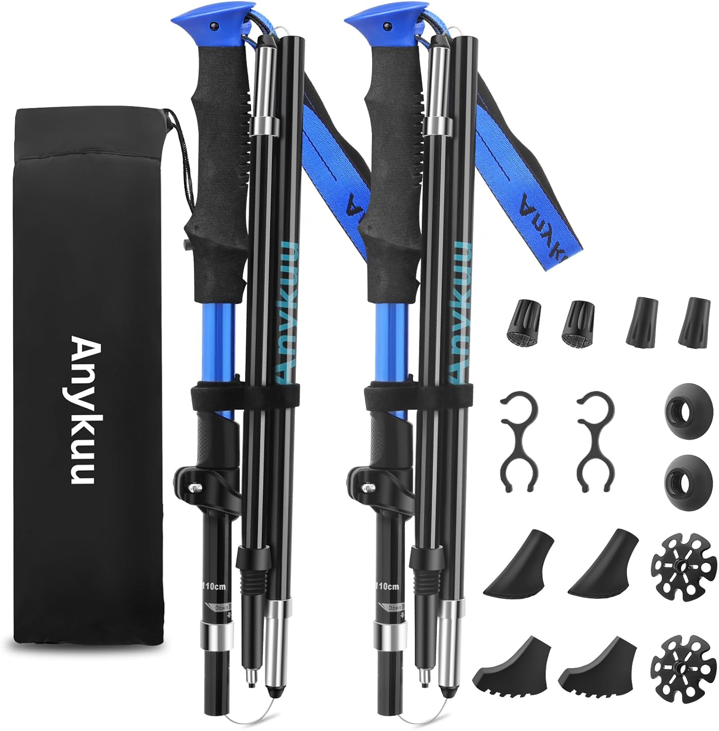 Baton de Marche 2 PCS, Bâtons de Randonnée Nordique avec 14 Accessoires d'escalade Telescopiques Antichoc Antidérapant Poles Trekking (Réglables 36-130cm) bleu