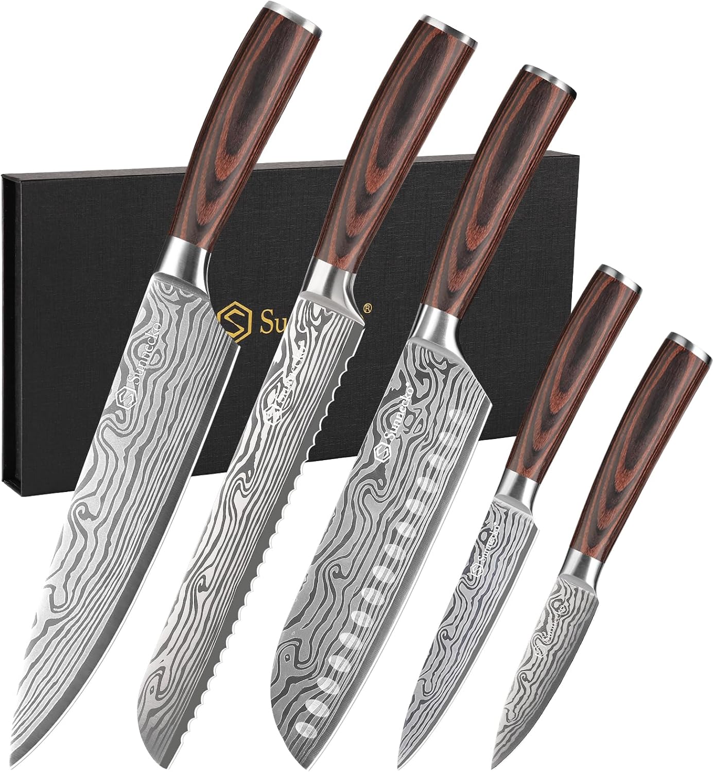 Set Couteau Cuisine Professionnel - Couteaux de Cuisine Japonais 5 Pièces en Acier Inox Lasé, Couteau Office Chef Santoku Pain Légume