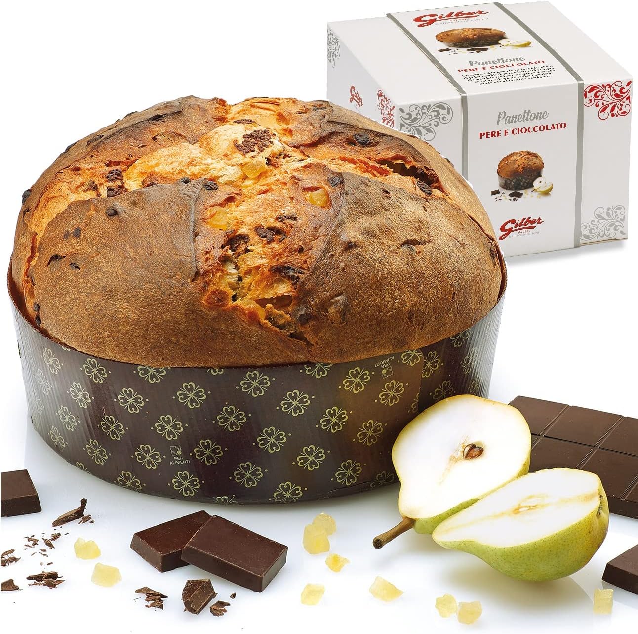 GILBER, Panettone Poire Chocolat, à la Poire Confite, Bas sans Glaçage, 1 kg, Fabriqué en Italie, Boîte Cadeau en Carton