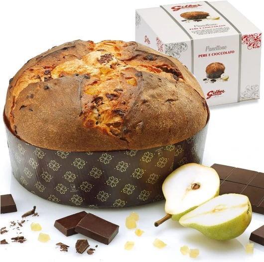 , Panettone Poire Chocolat, à la Poire Confite, Bas sans Glaçage, 1 kg, Fabriqué en Italie, Boîte Cadeau en Carton