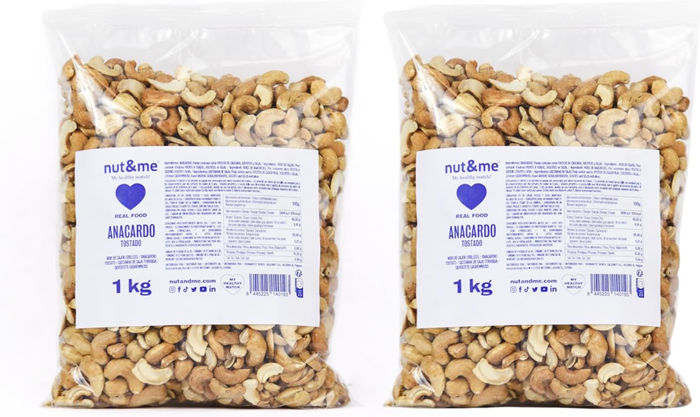 Noix de cajou grillées sans sel 2 kg nut&me - Sans Gluten - Végane - Fruits secs 100% Naturels - Riches en protéines - Snack sain et savoureux - Croquants - Pack 2 x 1 kg Noix de cajou grillée 2000 g