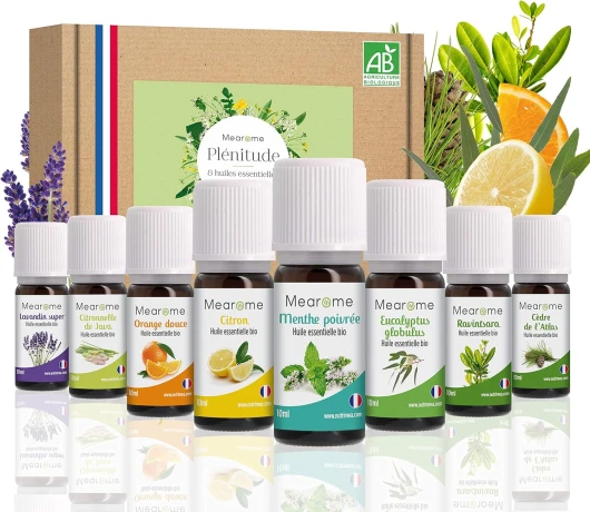 Coffret 8 x 10 ml Huiles Essentielles BIO distillées en FRANCE + Guide d'Aromathérapie PDF - HEBBD, HECT - Kit pour Cuisine, Diffuseur - Bienfaits Respiratoires, Encombrement, Digestion - Mearome