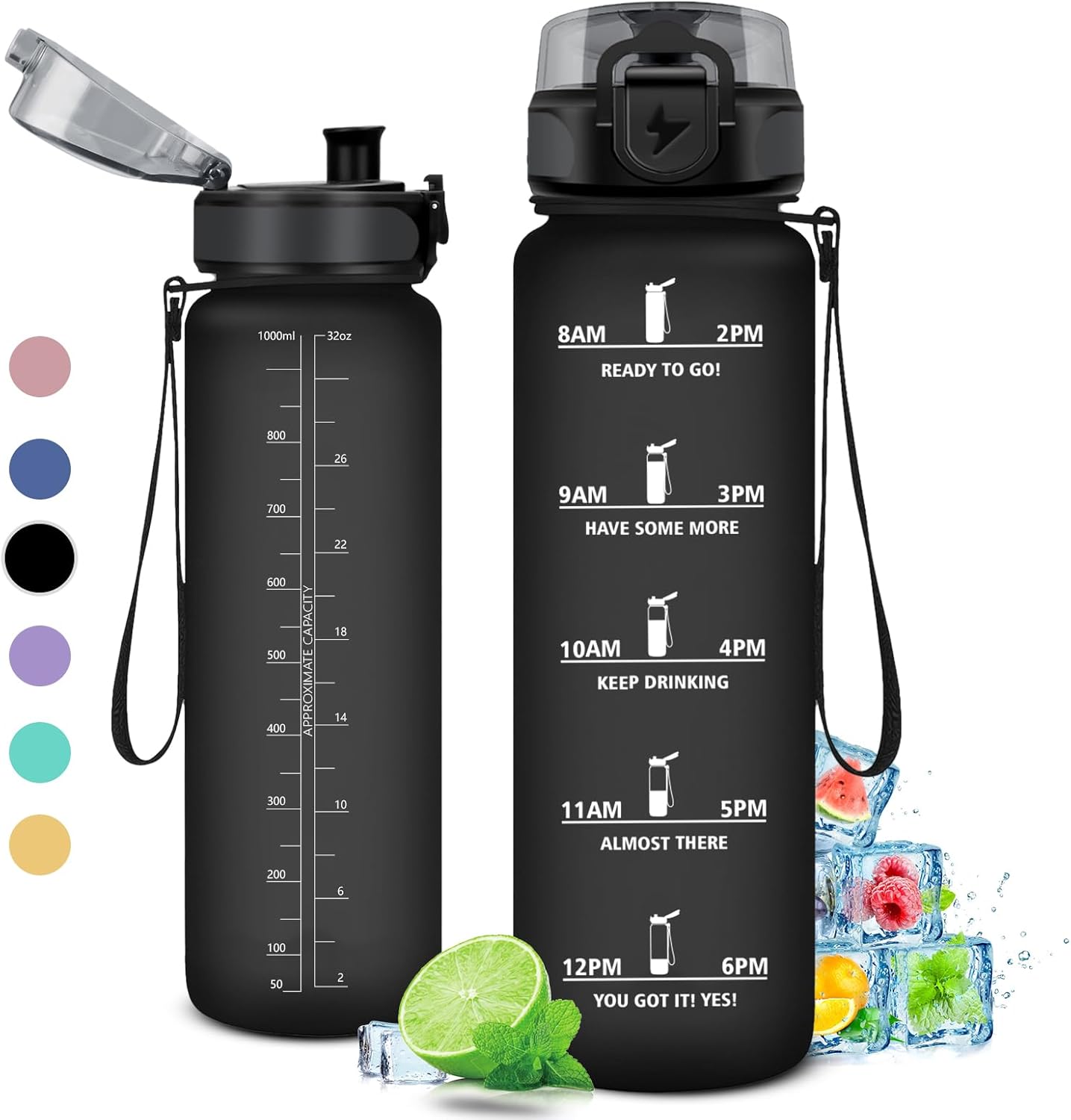Gourde 1L, Gourde Sport, Étanche et Réutilisable, Bouteille d'eau 1 Litre avec Marqueur de Temps et Filtre, Bouteille pour Adulte, l'école, Cyclisme, Voyage, Camping, Fitness, Yoga, Bureau, Gym 32oz-1000ml - Mat Noir 1000 ml