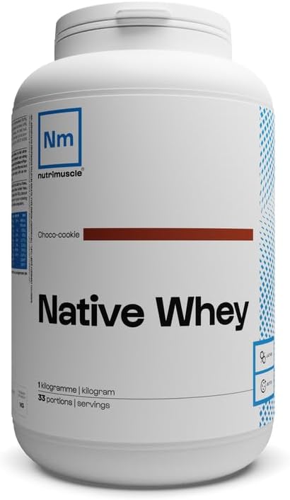 Whey Native 1kg Choco Cookie - Protéine Whey jusqu'à 80% de protéines par dose - 28,6 g de Protéines par does - Lait français - Musculation et Fitness - Prise de Muscle Choco Cookie 1 Kg (Lot de 1)