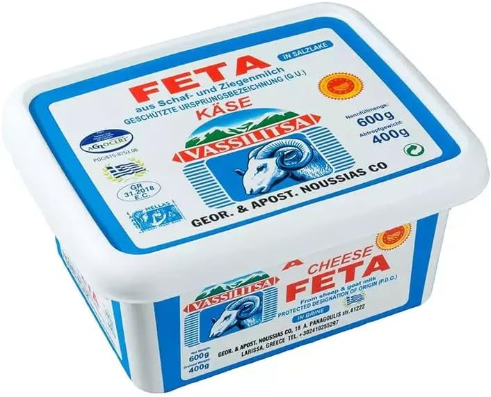 Vassilitsa Feta Fromage de brebis – 4 récipients de 400 g – Feta grecque à 70 % de lait de brebis et 30 % de chèvre en saumure, 43 % de matières grasses i.tr., fromage de brebis et fromage de chèvre,