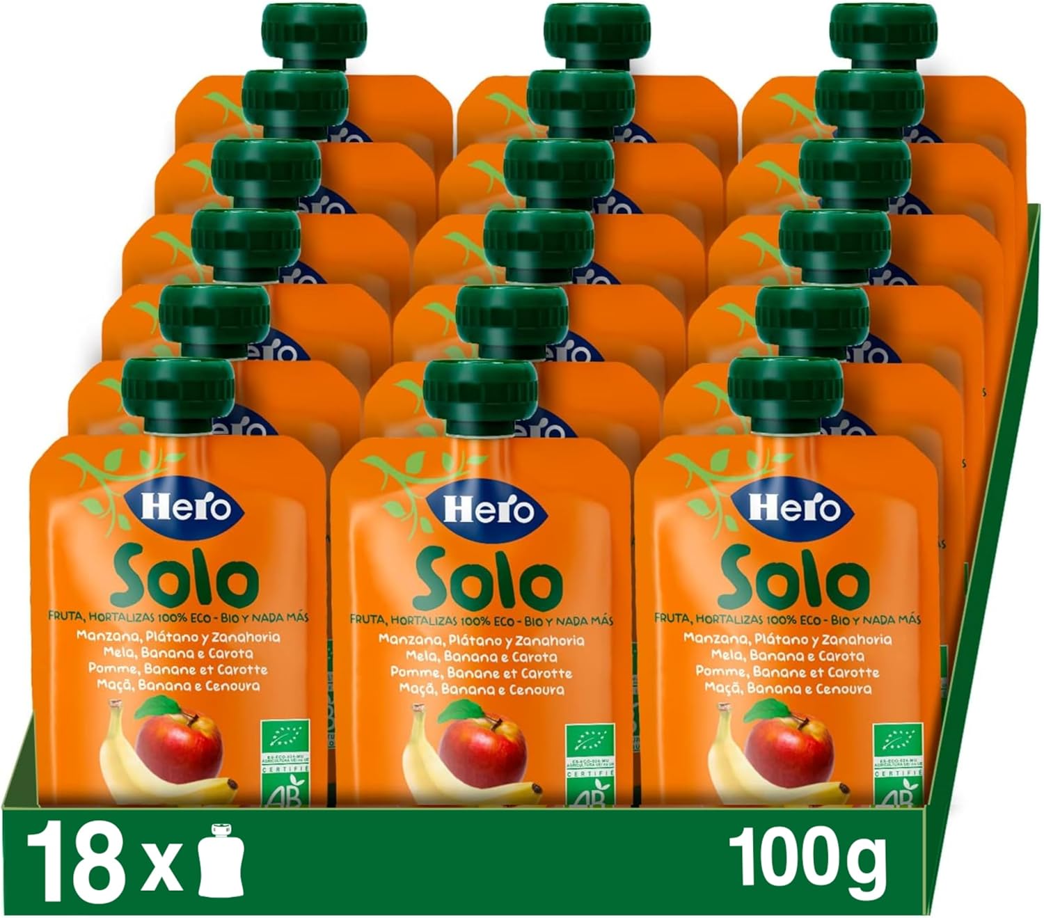 Hero Solo - Gourde Bio De Pomme, Banane Et Carotte - Puree de Fruits BIO 100% Naturels, Compote Sans Sucre Ajouté - pour Bébés Dès 4 Mois - Lot de 18 X 100 g