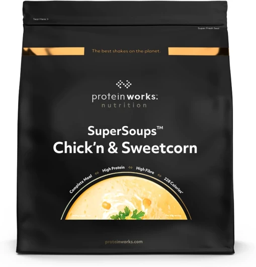Protein Works - Super soupes, poulet et maïs doux, soupe instantanée, moins de 230 calories, repas nutritif en moins de 5 minutes, riche en protéines, 600 g